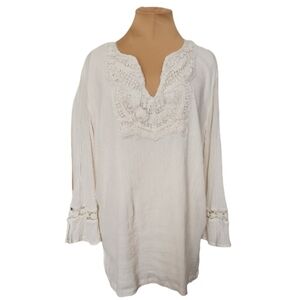 JM Collection Boho Crochet Lace Cotton Tunic Top Cream Peasant Blouse Plus 18